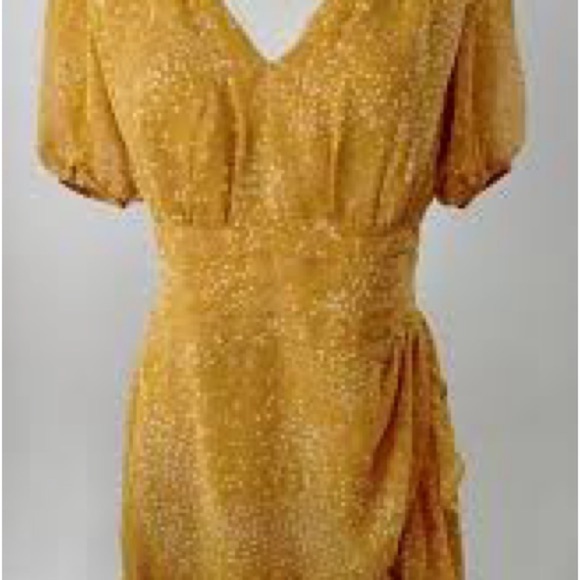 Express Gold Puff Sleeve chiffon Ruched Mini Dress - Picture 1 of 9